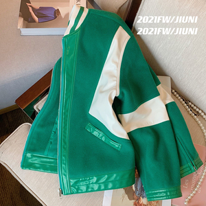 玖霓绿色棒球服夹克外套女2022秋冬新款美式复古撞色拼接pu皮上衣
