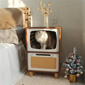 创意实木人猫共用床头猫柜复古电视机猫窝剑麻双层猫床多用猫家具