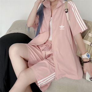 透气夏季阿迪达斯三叶草薄款运动两件套装女士开衫短袖外套短裤潮