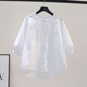 含棉白色衬衫女2024夏新款设计感圆领五分袖休闲百搭衬衣上衣简单