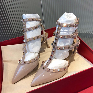 00170人付款淘宝华天伦奴女鞋v家铆钉真皮高跟鞋尖头细跟凉鞋绑带平底