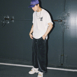 王嘉尔明星同款长裤丝绒裤抽绳束脚运动裤潮男女直筒宽松百搭裤子