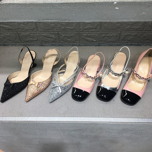 2021春夏新款miu玛丽珍粗跟凉鞋 蝴蝶结银色水钻尖头高跟鞋单鞋女