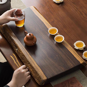 简约实木茶盘家用整块黑檀木茶台功夫茶具排水平板茶海自然边原木
