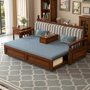美式实木沙发床坐卧两用储物双人可推拉折叠小户型伸缩罗汉床