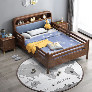 全实木儿童床新中式胡桃木带护栏拼接加宽简约轻奢带led灯暖光床