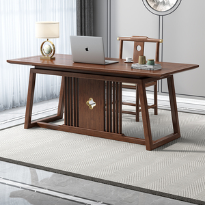 全实木现代胡桃木书法桌新中式办公老板轻奢书桌家用大板将军案台