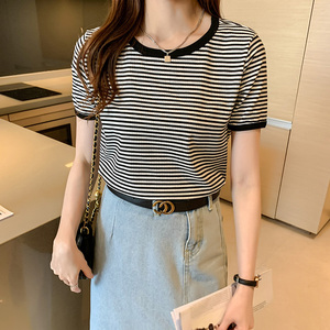 官方旗舰店官网以纯条纹t恤女短袖2021夏季新款上衣韩版百搭小衫