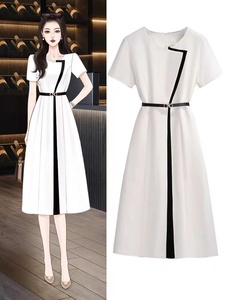 奥莱品牌折扣高级感拼接连衣裙夏季女装高端职场OL气质白色长裙