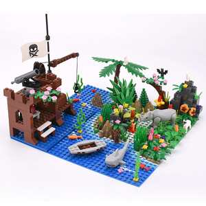 海盗基地积木moc场景加勒比海盗船火炮鲨鱼海洋沙滩海岛兼容乐高