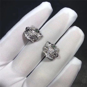 cartier/卡地亚豹头耳钉18k玫瑰金白金满钻祖母绿男女款耳钉戒指