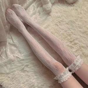过膝蕾丝洛丽塔高筒甜美长筒袜子白色花边中筒半腿lolita复古jk黑