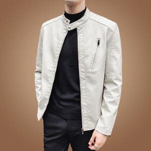 白色皮衣男春秋款潮流帅气修身2021新款大码真皮皮夹克立领外套男