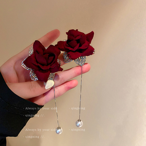 法式永生玫瑰花真花耳环小众设计感耳钉女高级感花朵珍珠耳饰饰品