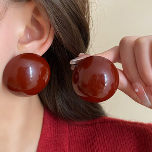 暗红色夸张圆形大耳钉新款2024爆款高级感耳环复古独特气质耳饰女