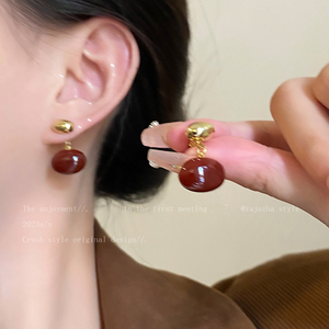 红色滴釉豆豆耳钉女复古千金气质小众设计高级感耳环时尚洋气耳饰