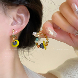 彩色新中式串珠耳环女夏复古民族风夸张耳钉高级感小众设计耳饰品