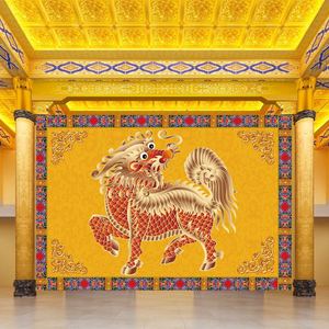 麒麟图金色壁纸背景墙墙纸麒麟献瑞庙宇祠堂中堂寺庙佛堂壁布贴画