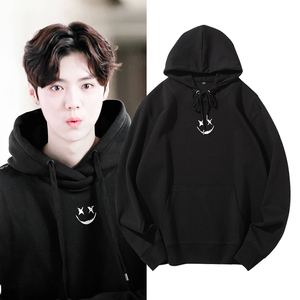 鹿晗同款笑脸黑色卫衣加绒帽衫男女连帽衣服明星外套情侣炸街宽松
