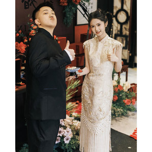 宴会结婚礼服晨袍高端精致超好看气质小个子新中式女装白色连衣裙