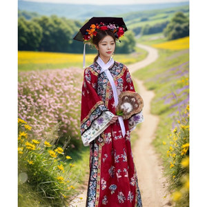 清代女装国风汉服清朝旗装格格服装新中式宫廷风红色印花连衣裙子