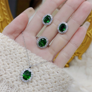 vintage祖母绿彩宝套装饰品 戒指耳钉项链轻奢高级感设计网红同款