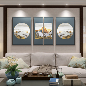 金山装饰画新中式客厅沙发背景墙山水金箔壁画简约晶瓷四联挂画框