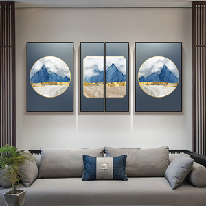 新中式客厅沙发背景墙四联装饰画寓意好的山水壁画大气金箔挂画框