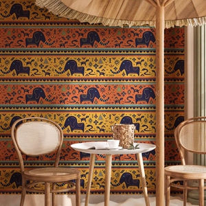 东南亚大象艺术墙纸壁布主题民宿酒店餐厅泰式风格电视背景墙壁纸
