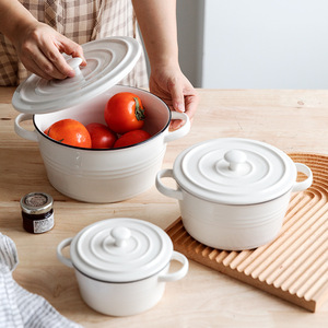 简约日式双耳汤碗家用陶瓷带盖子泡面碗盛汤碗大号餐具单个汤盆