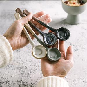 陶瓷耐热咖啡勺长柄复古日式陶土调味搅拌勺粗陶手工ins风小勺子