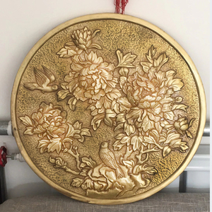 铜板浮雕壁画室内室外黄铜紫铜手工锻造荷花鱼牡丹花大型铜镜古币