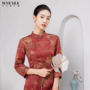 韦小宝红色妈妈装香云纱中国风旗袍新中式喜婆婆婚宴旗袍连衣裙