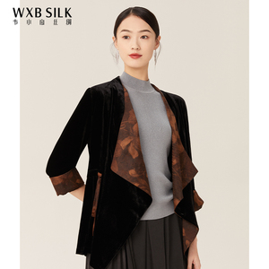 韦小宝韦小宝时尚气质真丝丝绒外套黑色修身显瘦七分袖大牌开衫