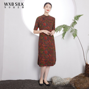 韦小宝春夏花色桑蚕丝中袖国风印花香云纱连衣裙1791147077