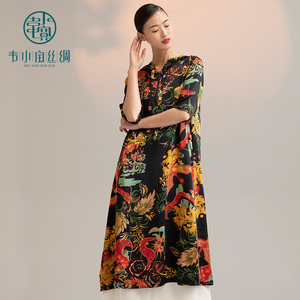 韦小宝丝绸大牌真丝桑蚕丝连衣裙春秋新款印花连帽长款裙子