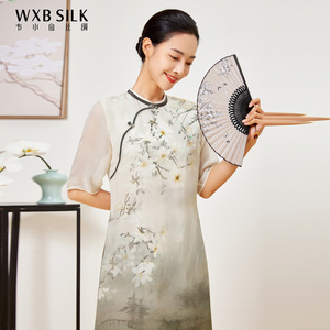 韦小宝春夏桑蚕丝中袖中式印花真丝气质双层白色连衣裙2921147190