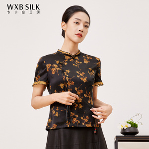 韦小宝春夏桑蚕丝短袖上衣印花黑黄色香云纱国风真丝上装女士t恤