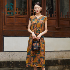 韦小宝丝绸香云纱连衣裙女中长款21年夏季新款复古印花真丝妈妈裙