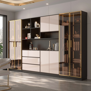 高端实木客厅书房组合可定制整墙到顶柜子轻奢玻璃门书柜一体靠墙