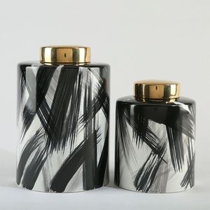 现代北欧家居饰品样板房电视柜桌面装饰罐 黑白陶瓷罐子陈列摆件