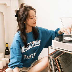 联名mercy kiss林允儿同款蓝色卫衣女宽松慵懒风圆领休闲百搭上衣