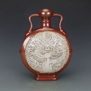 民国王炳荣紫金釉雕刻龙纹抱月瓶仿古瓷器古董古玩包老保真摆件