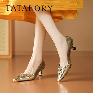 TATA LORY女鞋金色尖头花朵高跟鞋2024新款时尚优雅真皮细跟单鞋