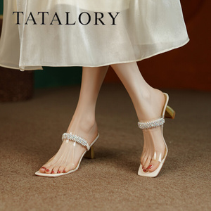 TATA LORY女鞋韩版时尚珍珠透明带一字拖鞋新款方头露趾高跟凉鞋