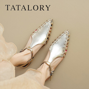 TATA LORY女鞋法式风镂空钉子扣带时尚简约新款尖头后空粗跟单鞋