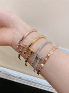 18k玫瑰金钉子手镯时尚经典镶钻满天星男女情侣手环au750白金镯子