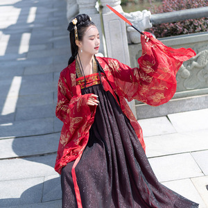 古装汉服女夏季【正品原创】中国风齐胸襦裙黑红色烫金古风大袖衫