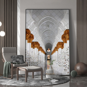 现代轻奢客厅玄关欧式白色走廊尽头装饰画室内背景墙壁竖版挂画