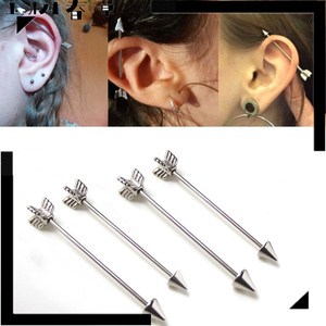 欧美钛钢耳桥3D立体箭羽双耳洞耳钉长杆个性工业风耳骨钉穿刺饰品